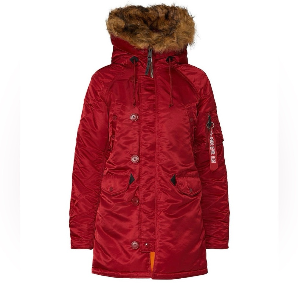 EUC—ALPHA INDUSTRIES / N-3B PARKA
• Red / Size Med / Faux Fur Hood
• RARE FIND!